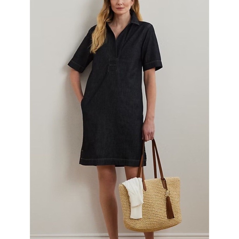 Ralph Lauren Denim Shift Dress With Pockets Spread Collar Size S Navy